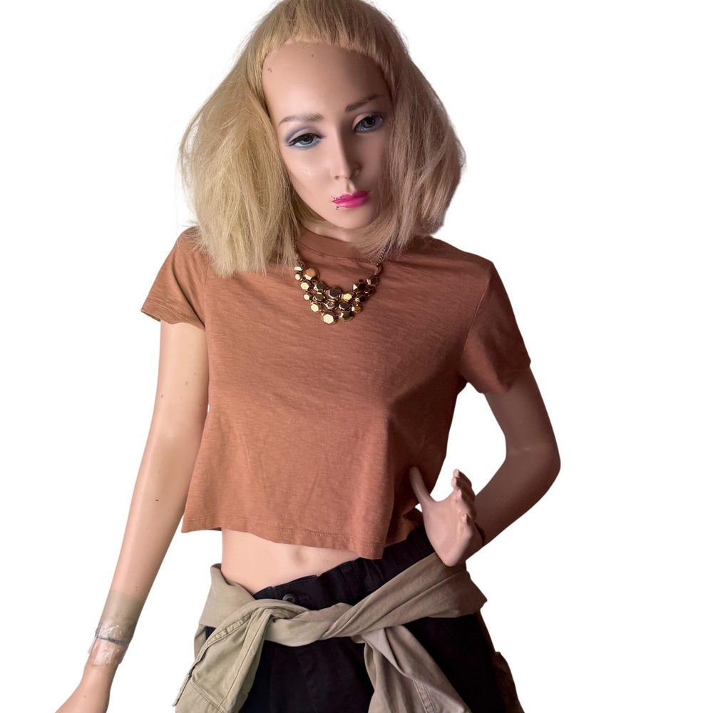 Uniqlo Crop Top Short Sleeve Slub Cotton Brown Earth Tone Baby Tee Grunge Y2k XS